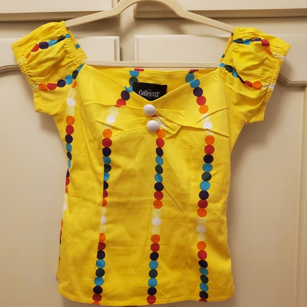 Collectif Dolores Top in Rainbow Polka Stripes sz XS UK8